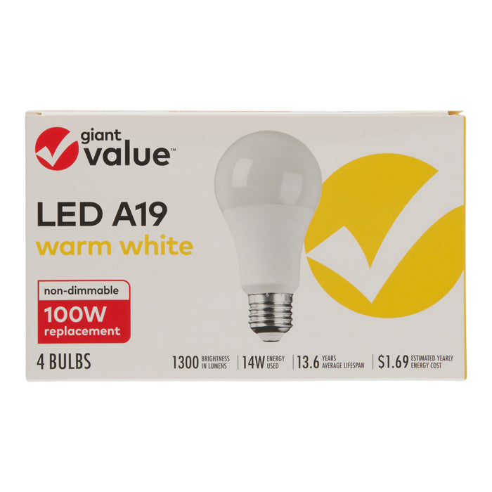 Giant Value LED A19 Light Bulbs, 100 Watt, Warm White