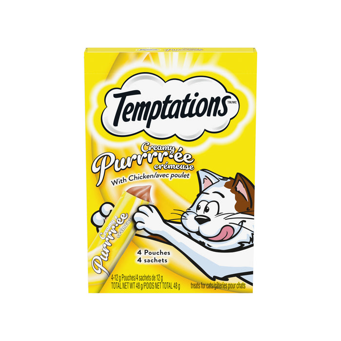 Gâteries pour chats TEMPTATIONS PURRRR-ÉE CRÉMEUSE avec poulet, boîte de 4 sachets de 12 g