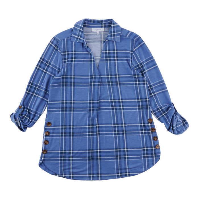 mySTYLE Women's Collared Long Sleeve Plaid Top