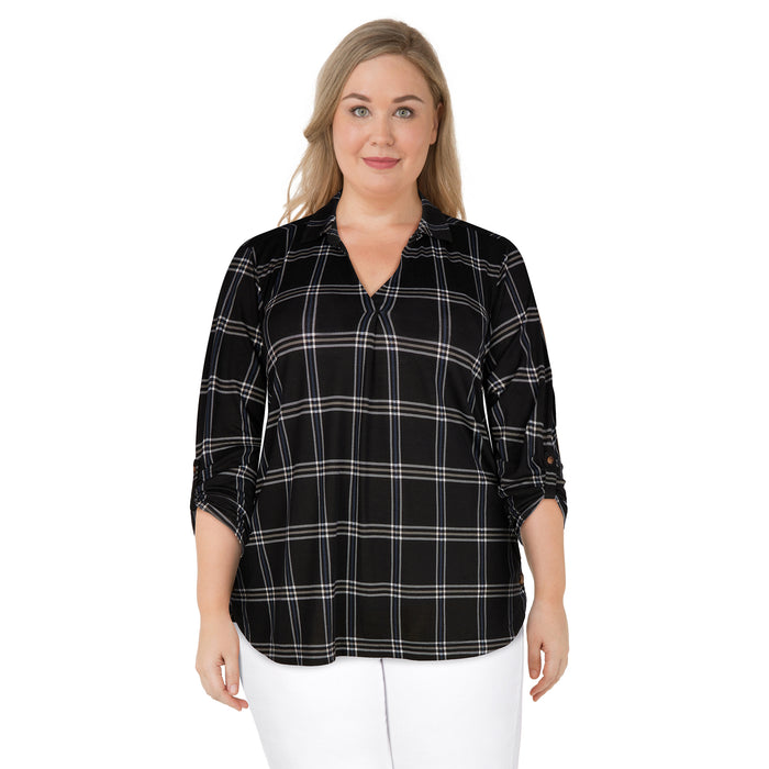Haut carreauté à manches longues avec col taille plus mySTYLE pour femmes
