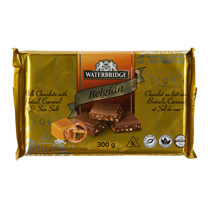 Chocolat au lait belge Waterbridge avec bretzel, caramel et sel de mer, 300 g