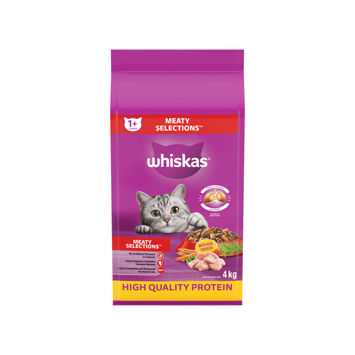 Nourriture sèche pour chats adultes WHISKAS Sélections de viande avec poulet véritable, sac de 4 kg