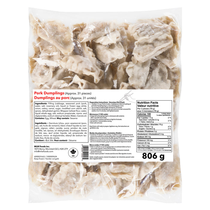 Dumplings au porc MLW Foods, 806 g