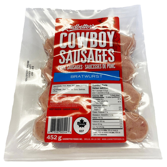 Leadbetters Cowboy Bratwurst Pork Sausage, 452 g