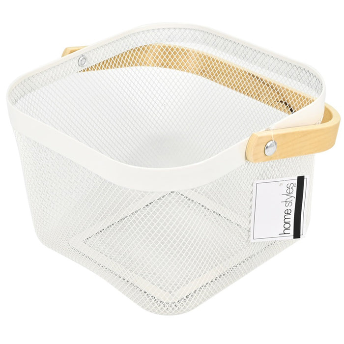 HomeStyles Wire Caddy With Wood Handle, White, 9.5-in x 9.5-in x 7-in.