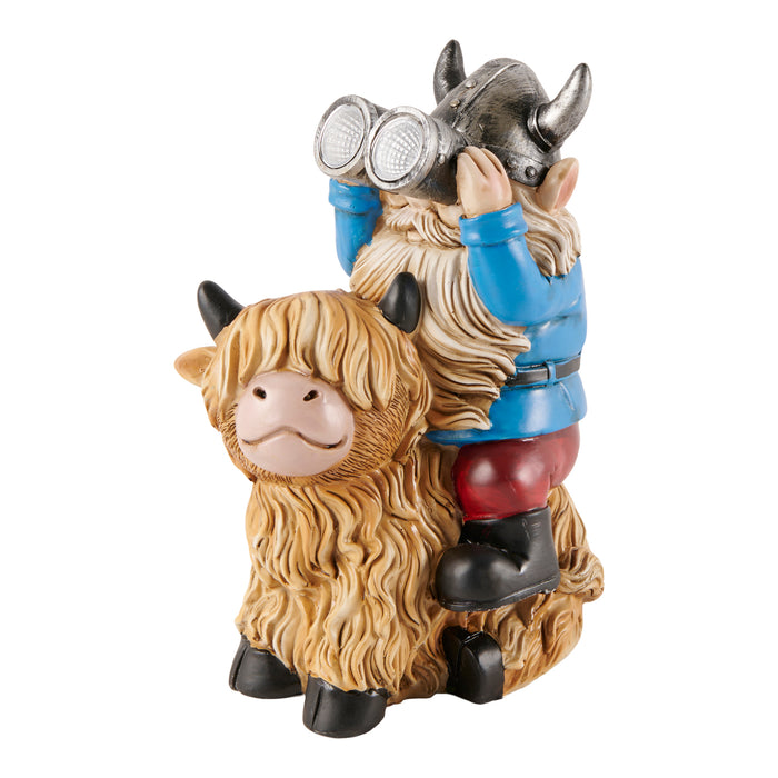 Solar Highland Cow With Viking Gnome Décor, 6-in x 5-in x 9-in.