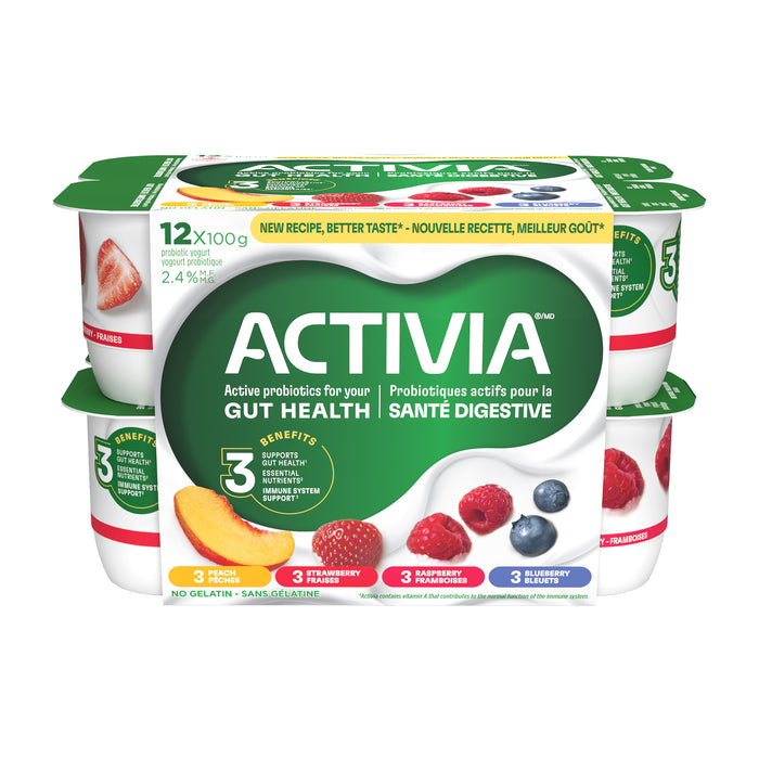 Activia Probiotic Yogurt Peach Strawberry Raspberry Blueberry 2.4% M.F., 12-Pack