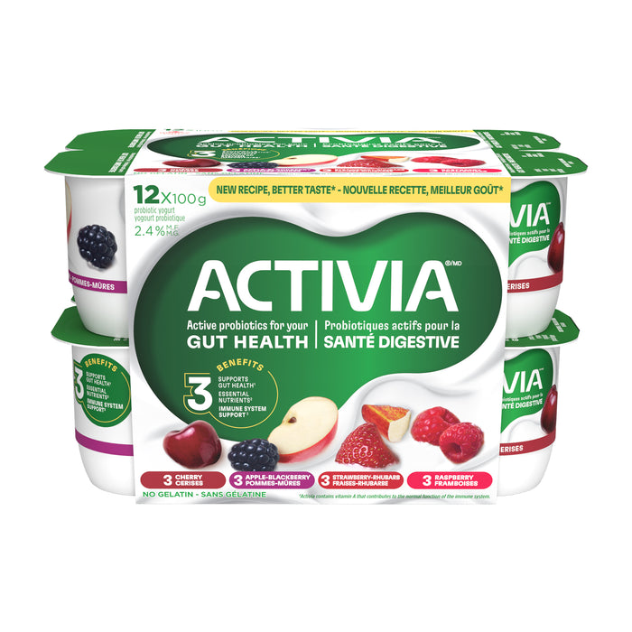 Activia Probiotic Yogurt Apple Blackberry, Raspberry, Cherry, Strawberry Rhubarb Flavours, 12-Pack