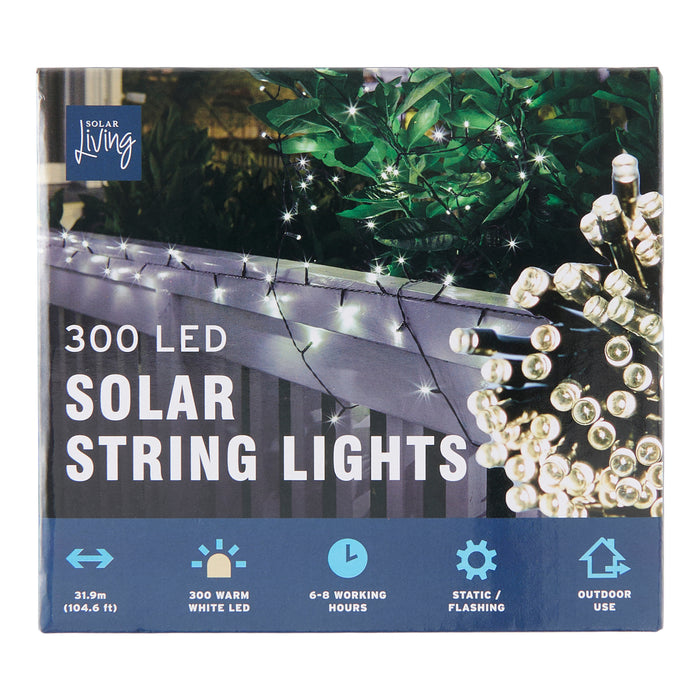Solar Living Solar 300 LED Warm White String Lights, 105-ft.