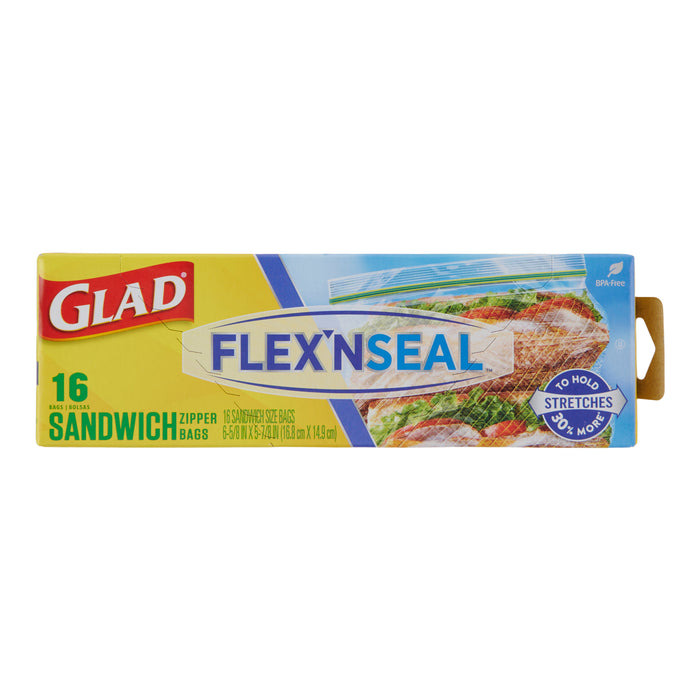 Glad Flex'n Seal Sandwich Zipper Bags, 16-Pack