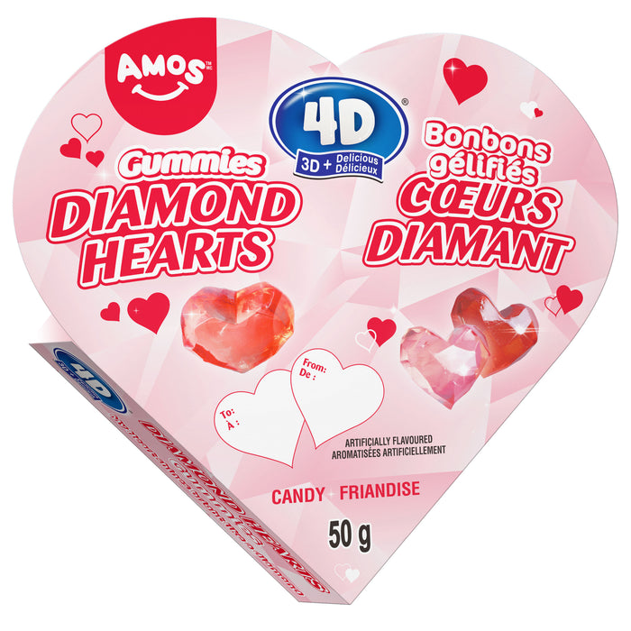 4D Gummy Diamond Hearts Box, 50 g
