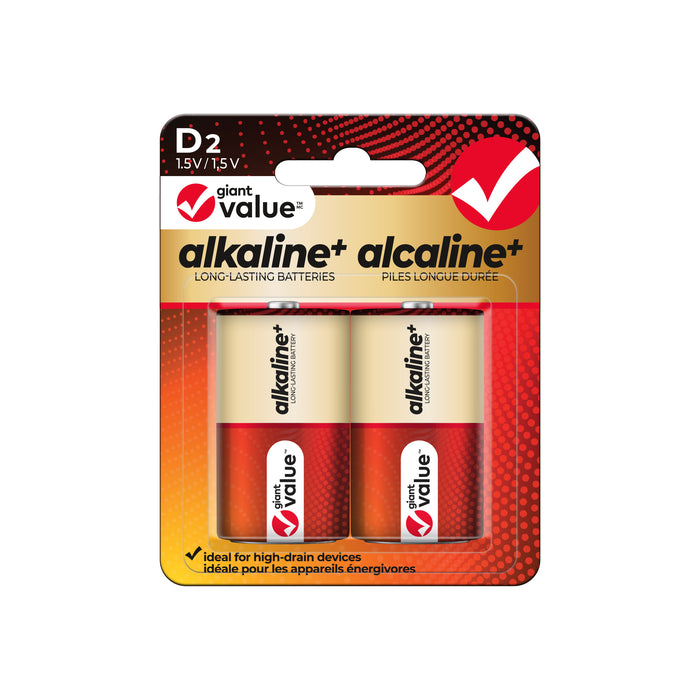 Giant Value D Alkaline Batteries, 2 Pack