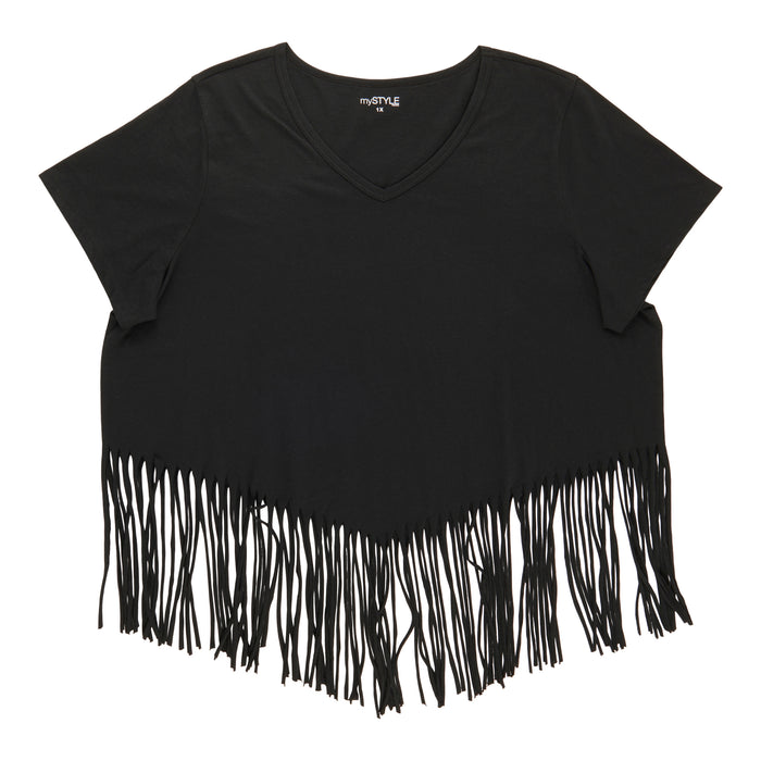 mySTYLE Women's Plus V-Neck Fringe Tee