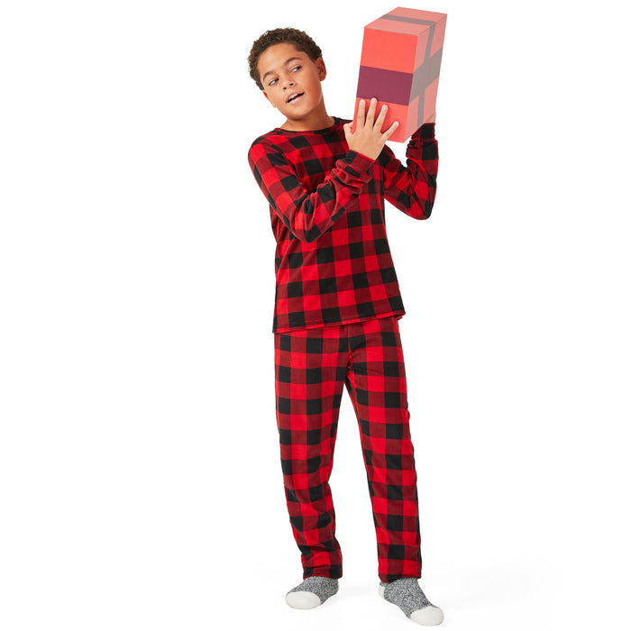 Pyjama à manches longues à imprimé carreauté Noël douillet pour garçons, 2 pièces
