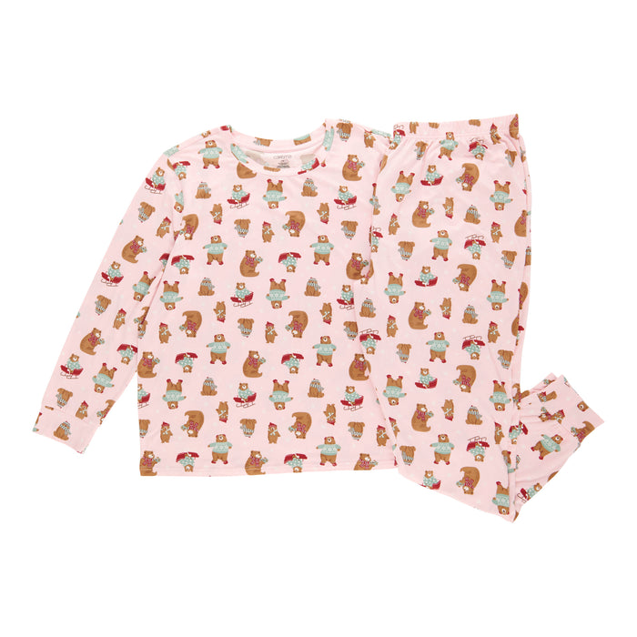 Carisma Women's Plus Long Sleeve Teddy Bear Family PJ Set, 2-Piece