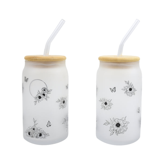 Flower Print Glass With Straw, 2 Piece