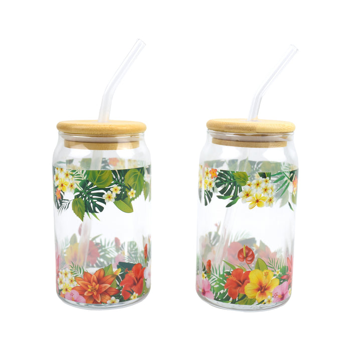 Tropical Print Glass With Straw, 2 Piece