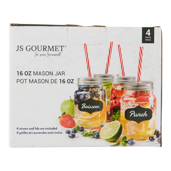 Verres pot Mason JS Gourmet avec pailles - 16 oz, emb. de 4