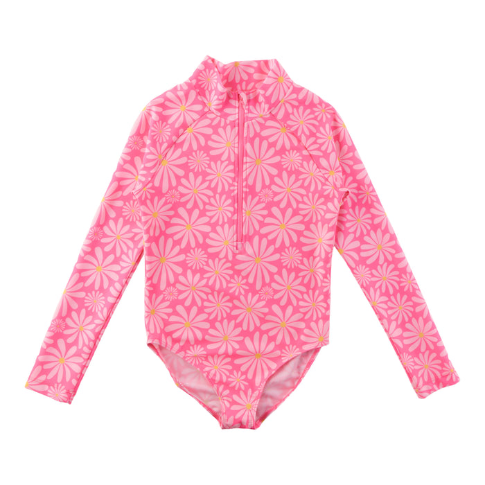 Girls' Long Sleeve Printed Rash Guard Zip-Up Swimsuit