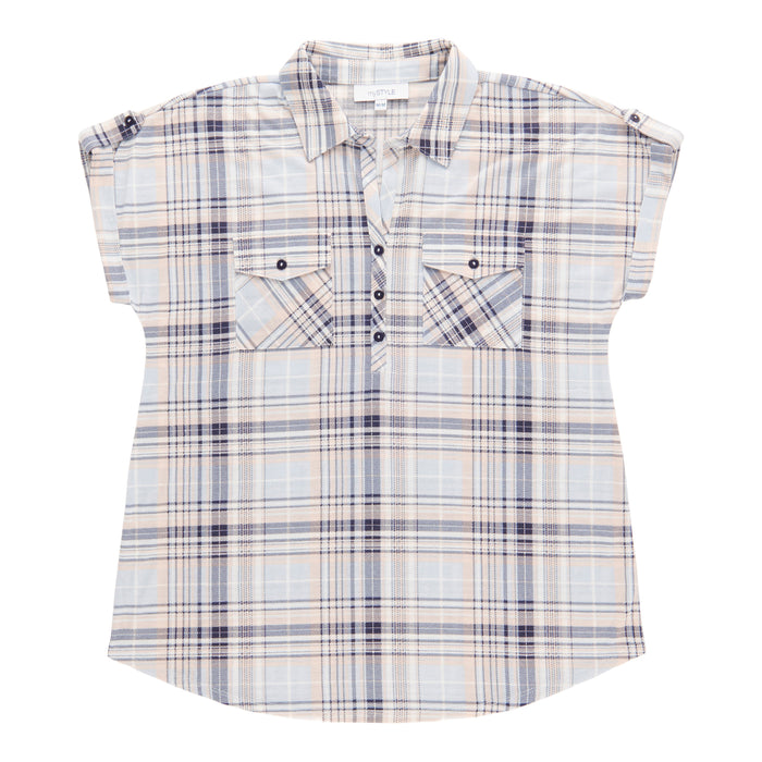mySTYLE Women's Short Sleeve Collared Plaid Top