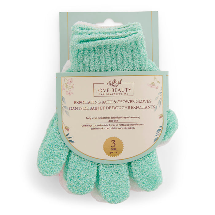 Love Beauty Exfoliating Bath and Shower Gloves, 3-Pairs