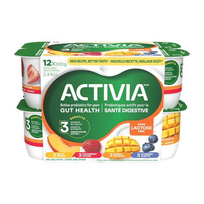Activia Probiotic Yogurt Peach Strawberry Mango Blueberry 2.4% M.F., 12-Pack, 100 g