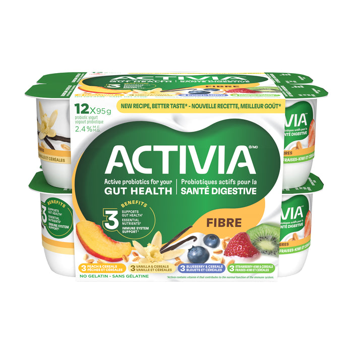 Activia Probiotic Yogurt Fibre Peach & Cereals Vanilla & Cereals Blueberry & Cereals Strawberry-Kiwi & Cereals 2.4% M.F., 12-Pack, 95 g