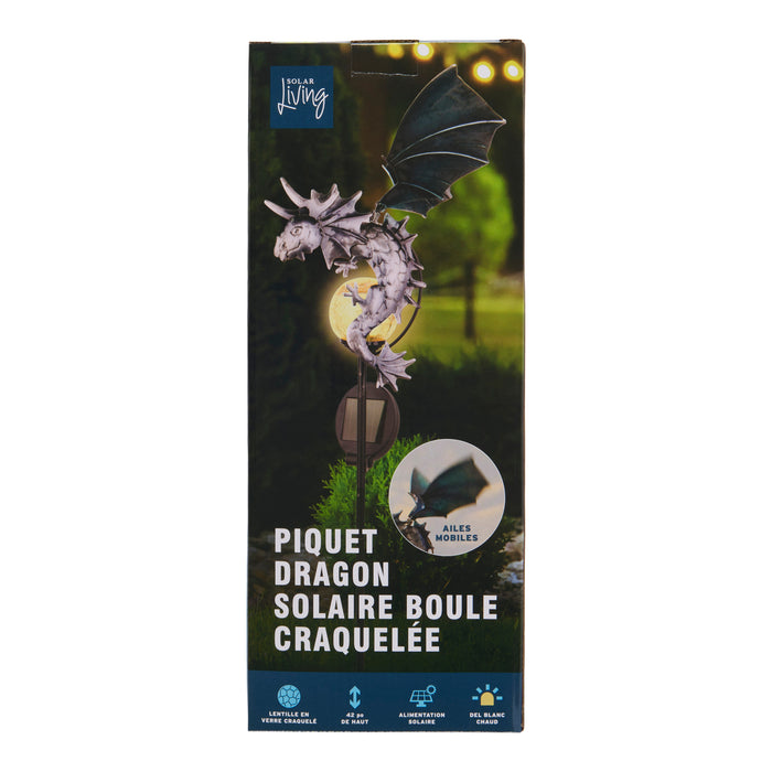 Piquet lumineux à globe craquelé avec dragon à l'énergie solaire, 10 po x 41,5 po