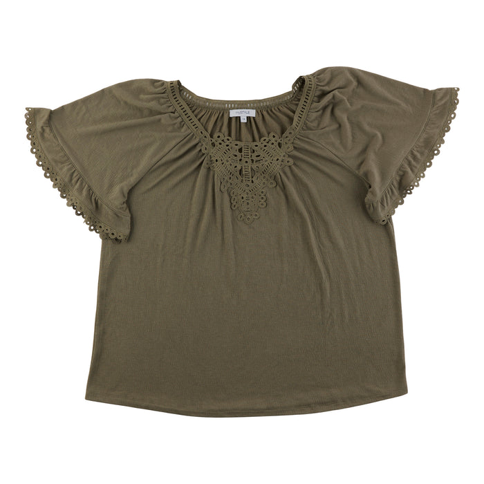 mySTYLE Women's Plus Crochet Trim Crinkle Top