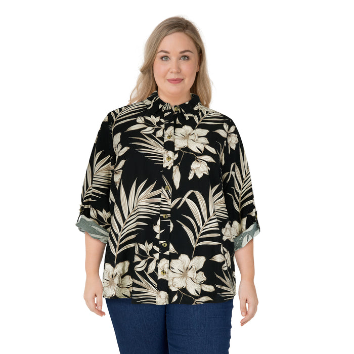 lily morgan Women's Plus Printed Silky Linen Blouse