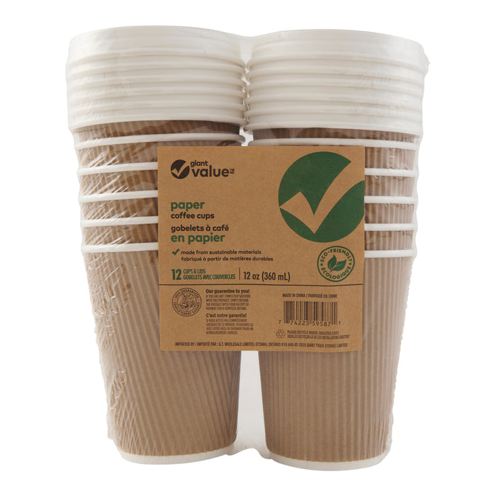 Gobelets à café triple paroi avec couvercles Giant Value, 340 g, emb. de 12