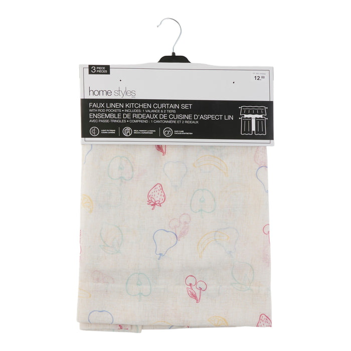 HomeStyles Printed Faux Linen Valance and Tiers Kitchen Curtain Set, 3-Piece
