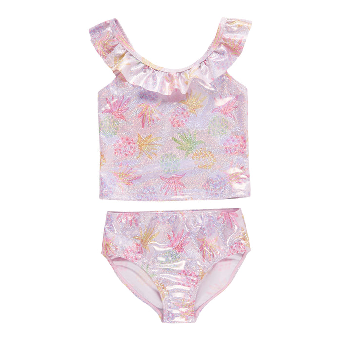 BELLA & BIRDIE Girls' Pool Party Printed Shiny Swim Suit, 2-Piece