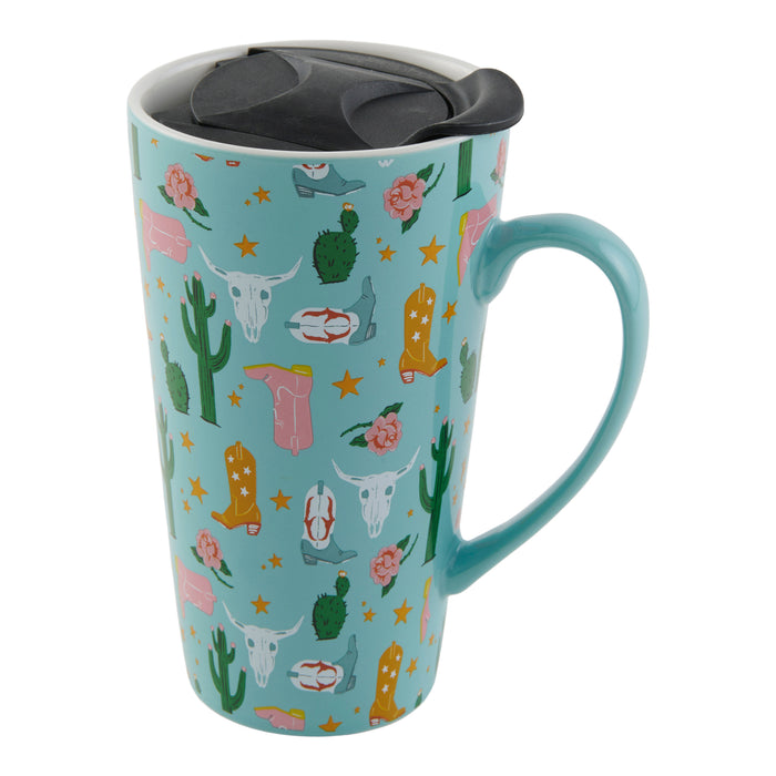 Tasse de voyage turquoise imprimée avec couvercle, 17 oz