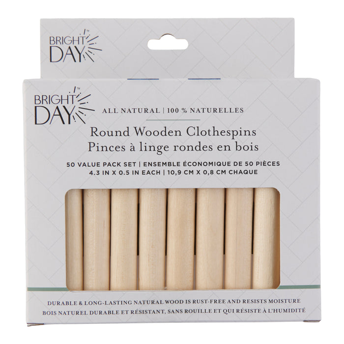 Round Wooden Clothespins, 50 Pack