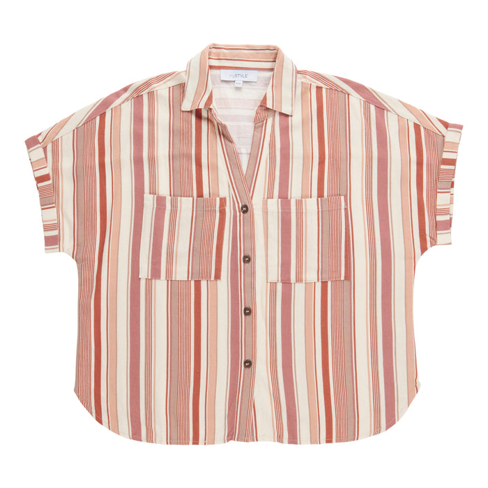 mySTYLE Women's Short Sleeve Striped Linen Shirt