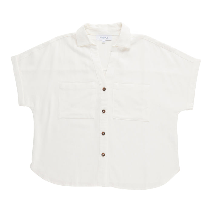 mySTYLE Women's Solid Short Sleeve Linen Shirt