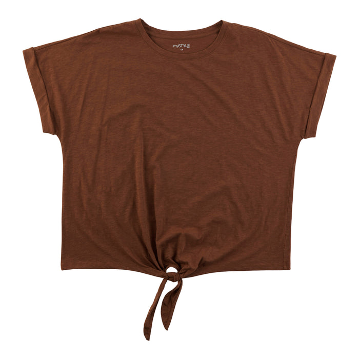 mySTYLE Women's Plus Front Tie Rolled Sleeve Tee
