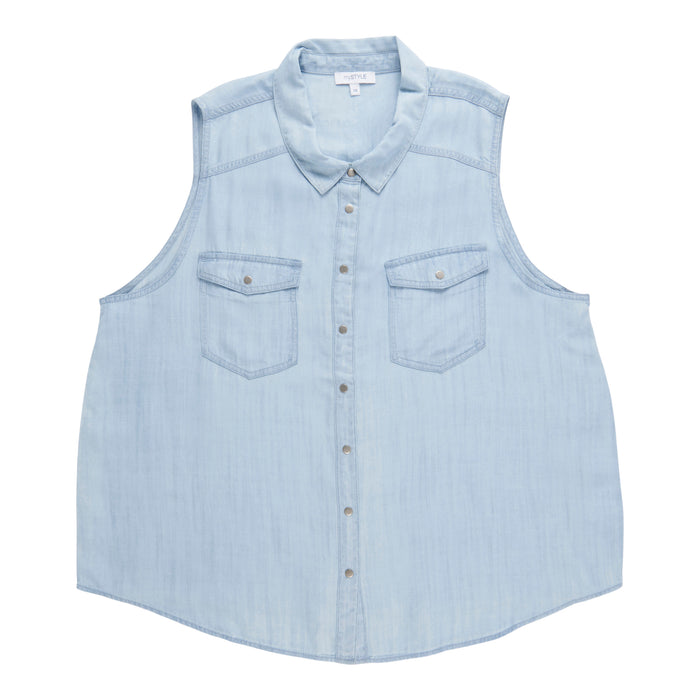 mySTYLE Women's Plus Sleeveless Denim Shirt