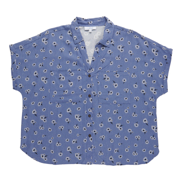 mySTYLE Women's Plus Printed Short Sleeve Linen Shirt