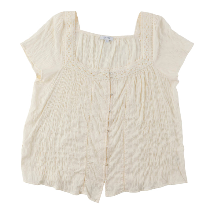 mySTYLE Women's Plus Crinkle Gauze Crochet Top