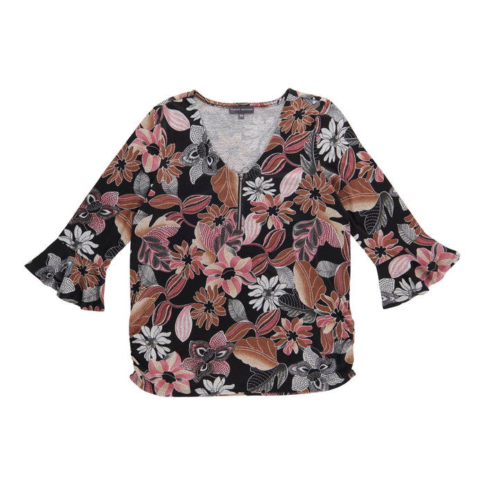 Classic Editions Women’s 3/4 Flare Sleeve Top with Zip Neck