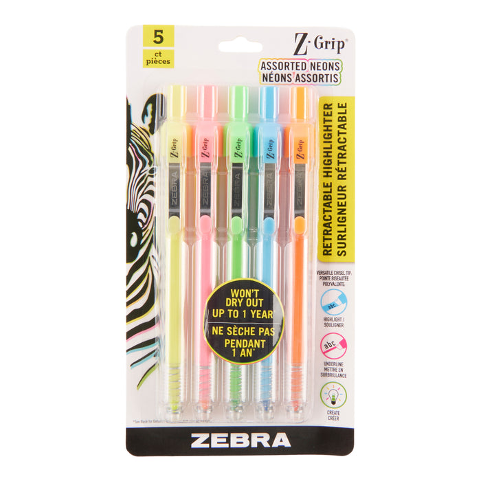 Surligneurs rétractables Zebra Z-Grip, emb. de 5