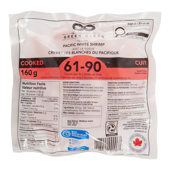 Green Ocean Tail On Pacific Shrimp, Cooked, 160 g