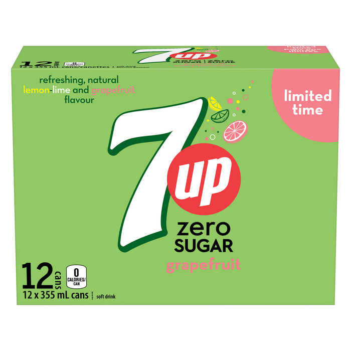 Boissons gazeuses 7 Up zéro sucre au pamplemousse, emb. de 12, 355 ml
