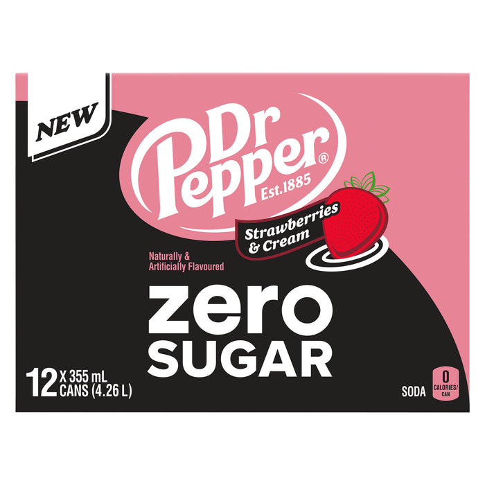 Dr Pepper Boisson Gazeuse Zéro Sucre Fraises et Crème, emb. de 12, 355 ml