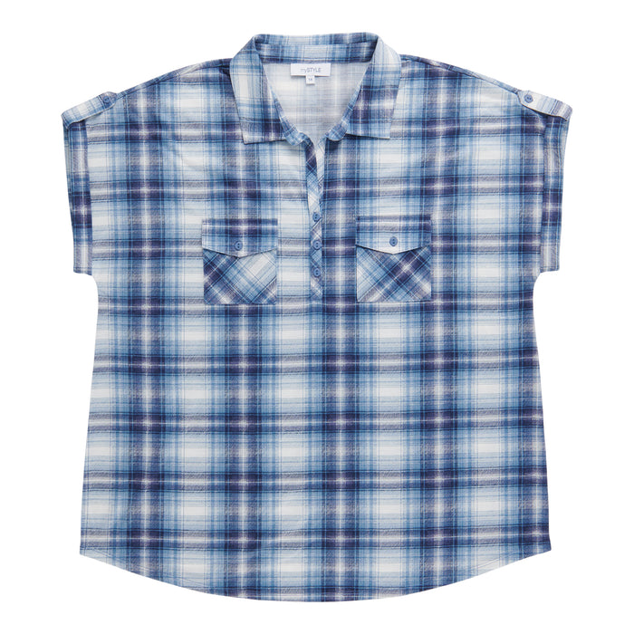 mySTYLE Women's Plus Plaid Collared Top