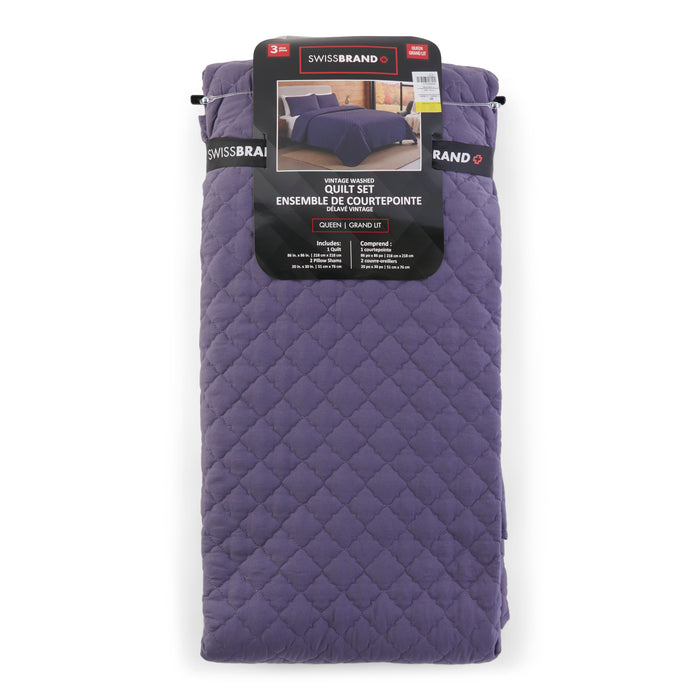 SWISSBRAND Washed Quilt Set, Queen, 3 Piece