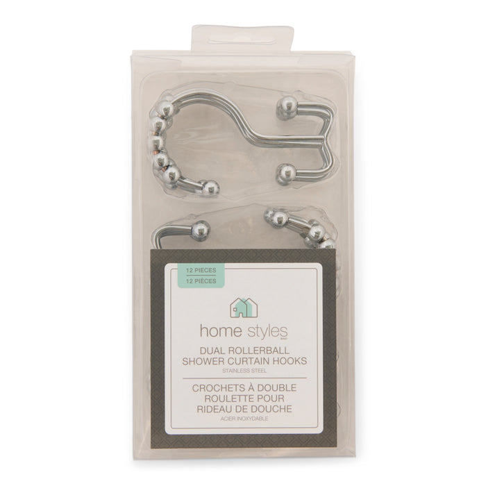 HomeStyles Dual Rollerball Shower Curtain Hooks, Silver, 12 Pack