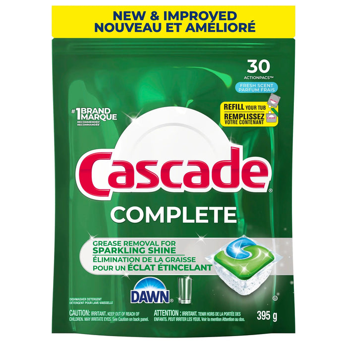 Sachets de détergent pour lave-vaisselle Cascade Complete, parfum Frais, emb. de 30